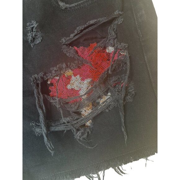 Distressed 8 Black Denim Sequin Patch Frayed Hem High-Waisted Shorts - Picture 5 of 10